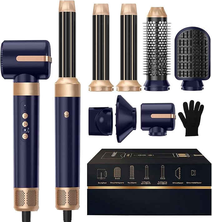 7 in ONE Hair Dryer Brush, Powerful Blow Dryer Brush with Air Curler for Hair, Brush Blow Dryer with Diffuser, Ionic Hot Air Brush Fast Dry, Volumize, Curls, Straight, Hair Styling Tools 100-120V