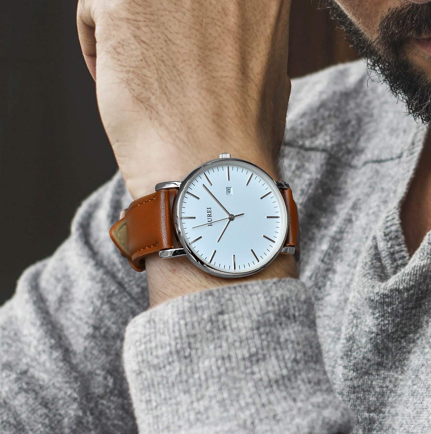 BUREI Men's Fashion Minimalist Wrist Watch Waterproof Watches Simple Ultra Thin Watches Analog Quartz Date with Brown Black Leather Strap