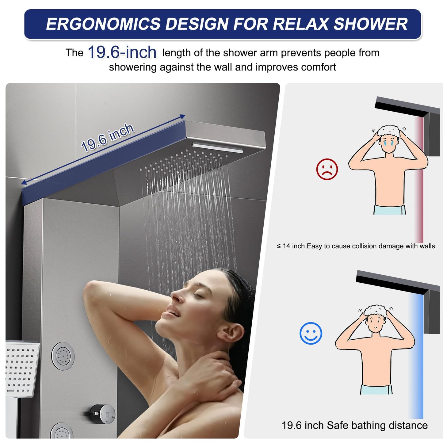 ROVATE Rainfall Waterfall Shower Tower Panel System, 304 Stainless Steel Bathroom Shower Panel Tower with 5 Body Sprays and Flexible Handheld Shower, Shower Column Wall Mount, Delicate Brushed Finish