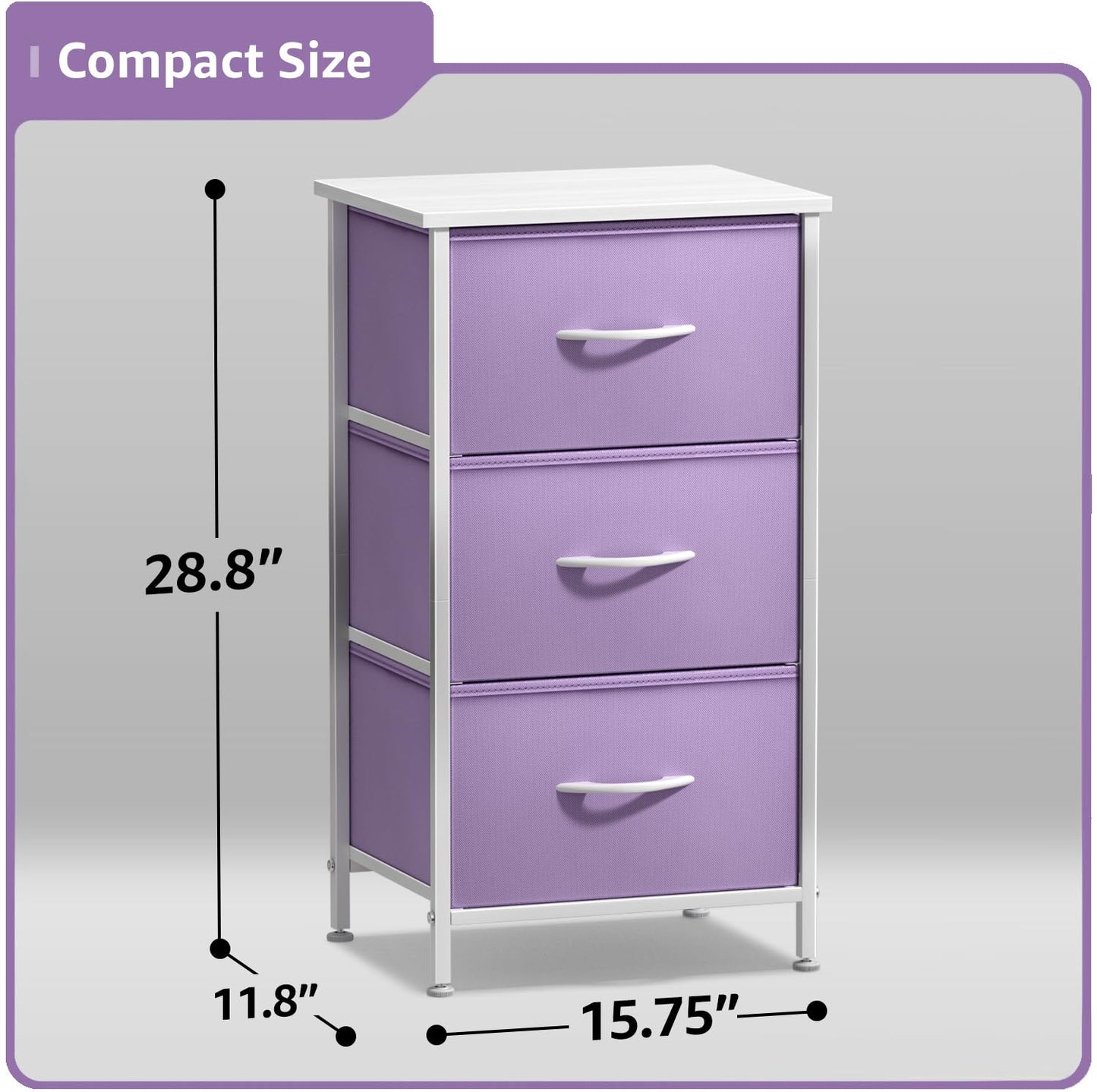Sorbus Nightstand with 3 Drawers - Bedside Furniture & Accent End Table Chest for Home, Bedroom Accessories, Office, College Dorm, Steel Frame, Wood Top, Pastel Fabric Bins (Purple)