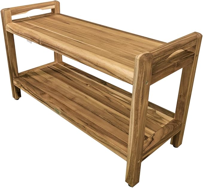 EcoDecors Eleganto 34 Inch Natural Color Waterproof Teak Wood Shower Bench Stool Seat Chair For Inside Shower Provides Safety, Storage, and Organization For Bathroom Accessories