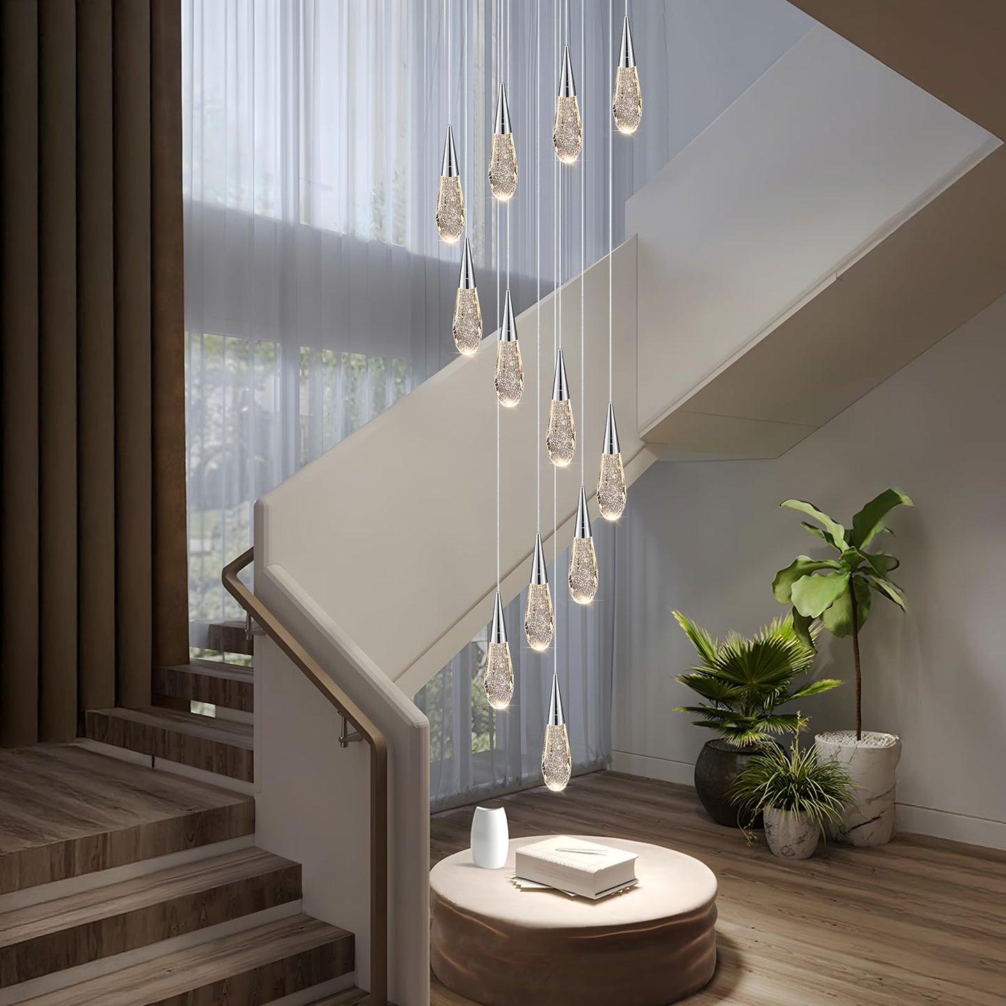 BaiZhou 12-Light Modern Crystal Chandeliers 3-Way Dimmable Long Pendant High Ceiling Bubble Raindrop Lighting Fixture for Staircase Foyer Entryway Bedroom Hallway Chrome