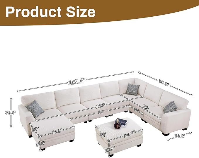 Legend Vansen Sectional Couches for Living Room,L-Shaped Corduroy Sofa with Ottoman for Living Room,Bedroom and Apartment (Cream, U-9)
