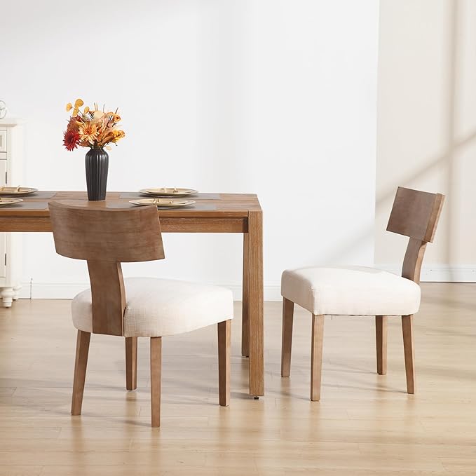 DM Furniture Linen Dining Chairs Set of 2 with Natural Wood Legs, Farmhouse Upholstered Side Chair with Curved Backrest for Living Room/Restaurant, Beige