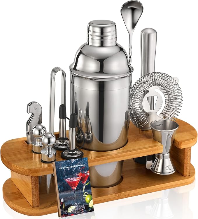 Cocktail Shaker Set Bartender Kit: 13-Pcs Bar Tools Set with Bamboo Stand, Essential Bar Accessories for Home: 25oz Martin...