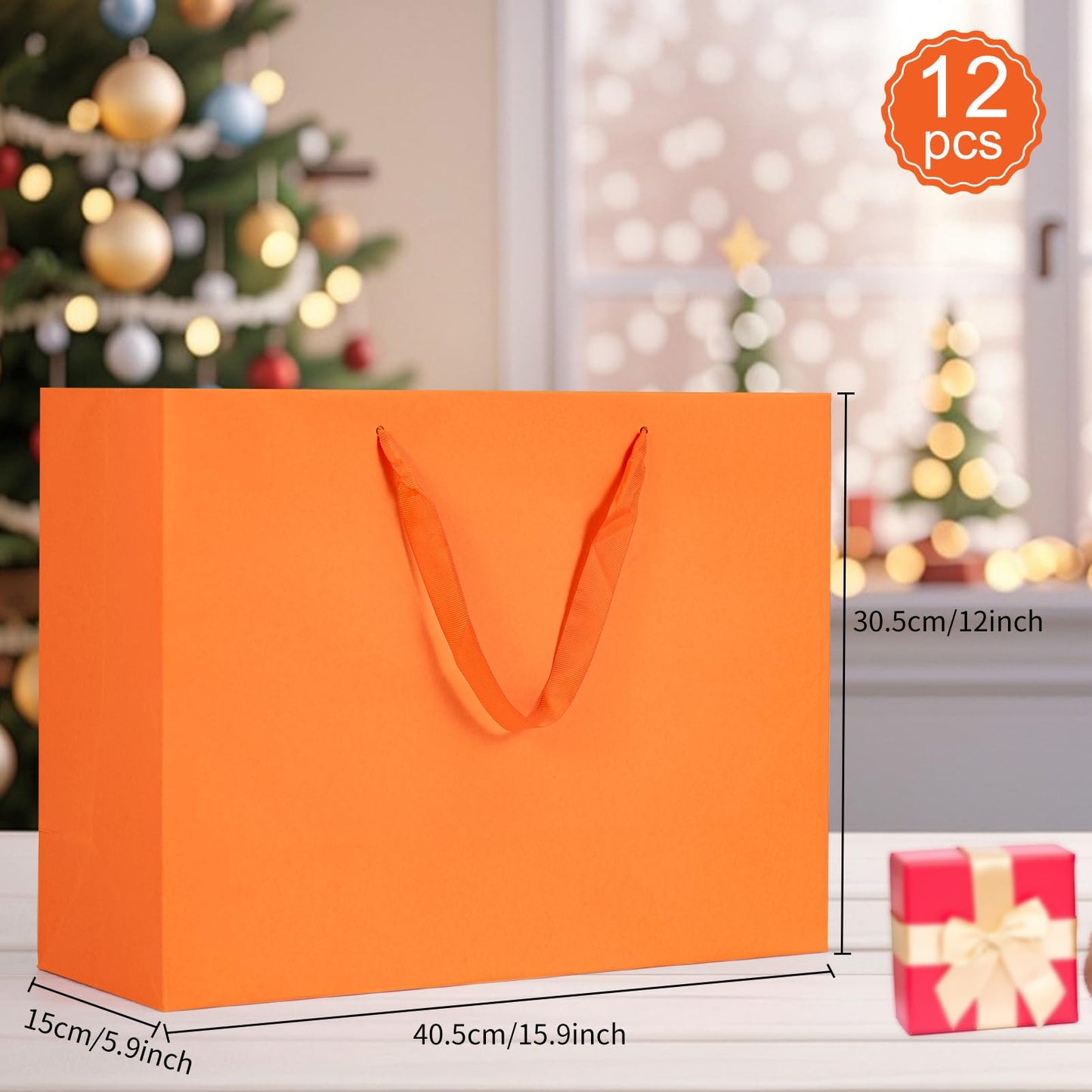 Umoofine Large Orange Gift Bag 12 Pack, 15.7x5.9x12 Inches Extra Large Kraft Gift Bags with Ribbon Handles, Reusable Heavy Duty Kraft Orange Paper Bags Bulk for Shopping, Wedding, Gift, Retail