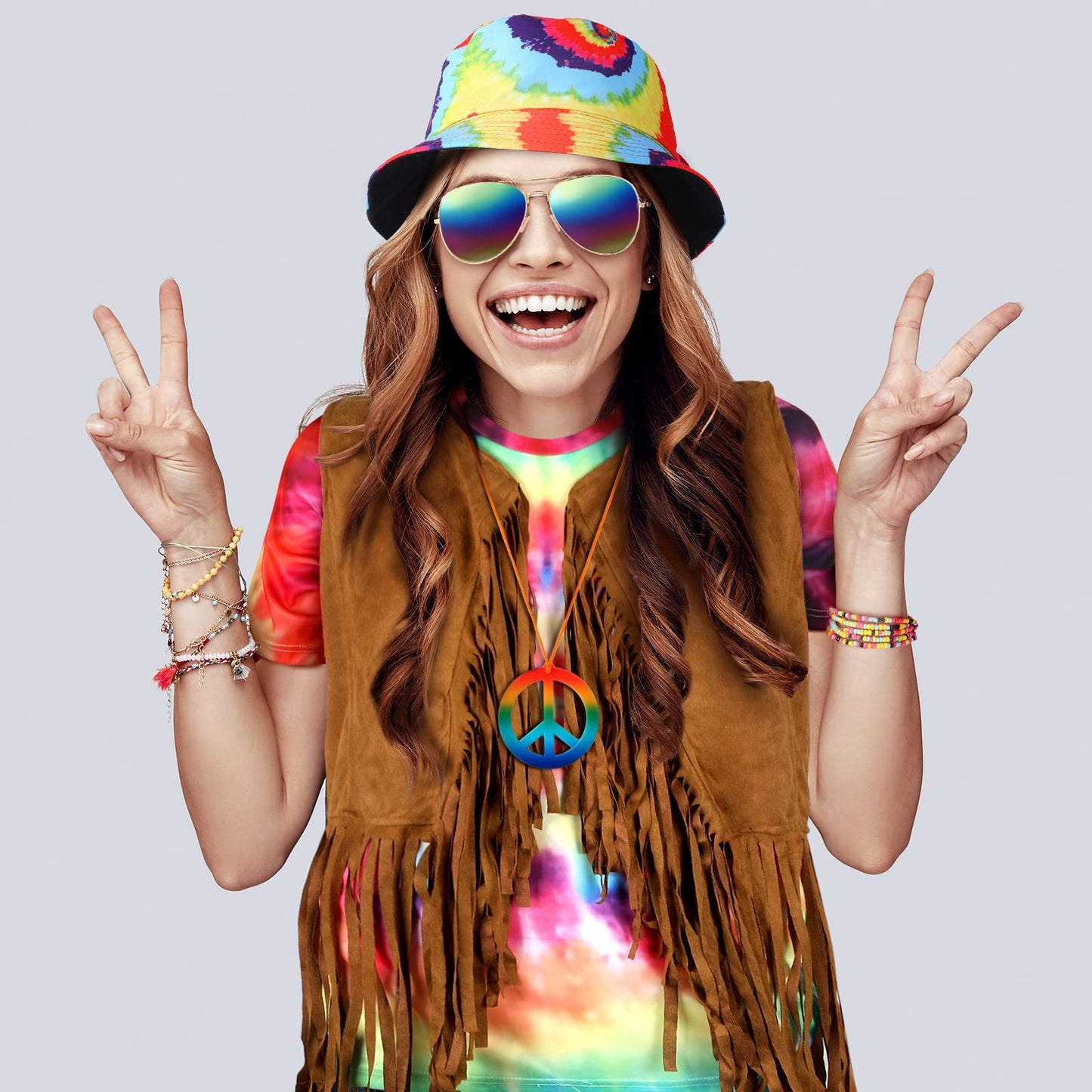 Mepase 6 Pcs 60s 70s Hippie Costume Tie Dye T Shirt Fringed Vest Peace Sign Necklace String Beads Bracelet Hat Sunglasses (Large)