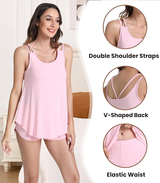 NACHILA Pajamas for Women-Viscose from Bamboo, Ribbed Racerback Tank Top Sexy Split Shorts Pajama Sets Cooling Sleep Cami Pjs