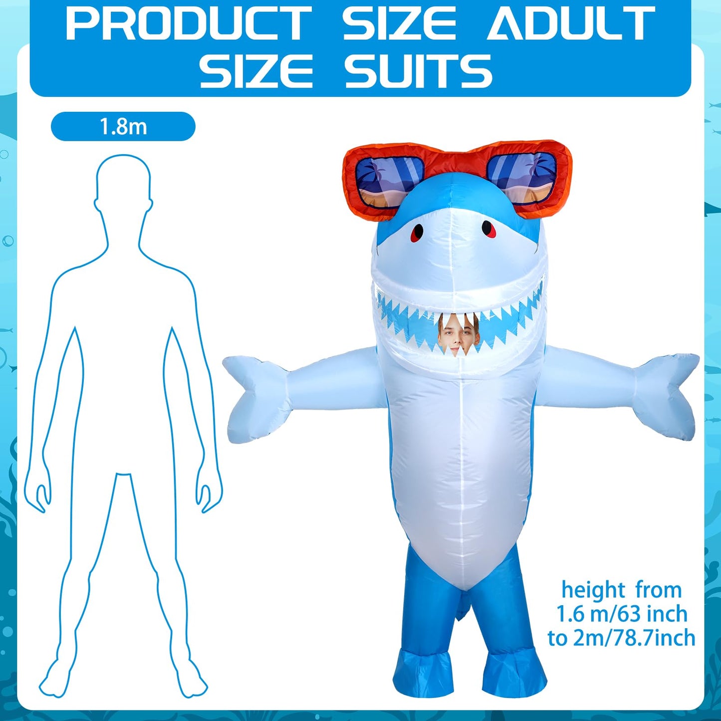 Foaincore Inflatable Shark Costumes for Adult Halloween Costumes Shark Air Blow up Costume Party(63-78.7 Inch,Blue)