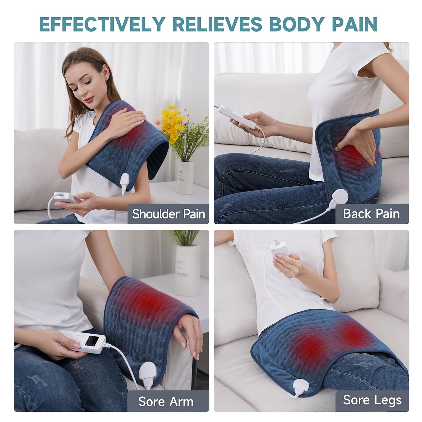 Heating Pad for Back Pain Relief, ZUODUN Electric Heating Pads for Cramps with Auto Shut Off & 6 Heat Levels, Moist Heat Therapy, Machine Washable, LED Controller, Gifts for Women, Men, Blue