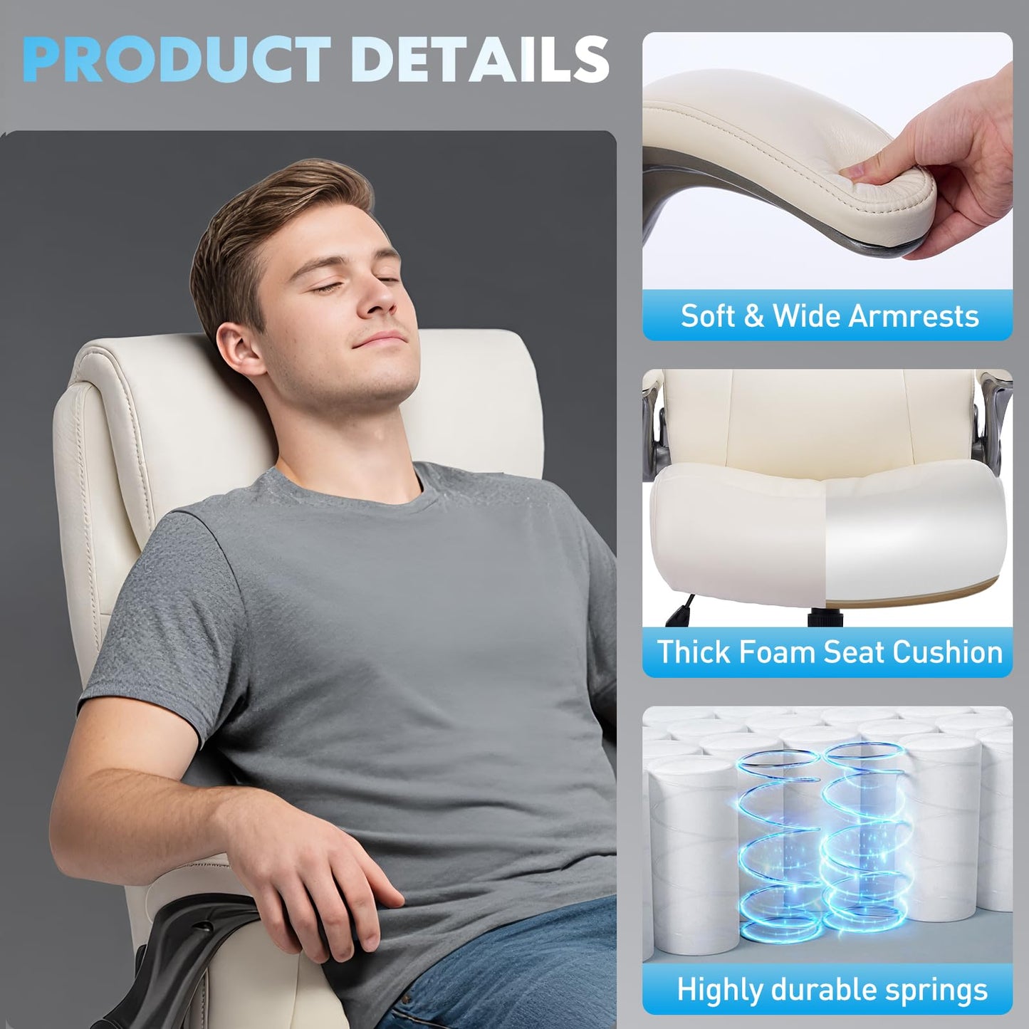 MALOL Ergonomic High-Back PU Leather Executive Office Chairs, Heavy Duty Home Computer Chair with Lumbar Support and Flip-Up Arms, 300lbs, Beige