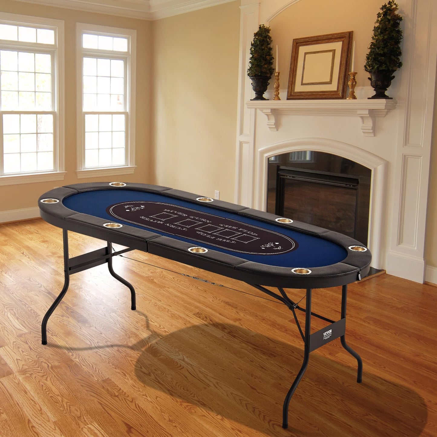 VEVOR 8 Player Poker Table Foldable, Portable Folding Card Board Game Table, Casino Leisure Table, Blackjack Texas Holdem Table with Padded Rails and Stainless Steel Cup Holders,Blue (72 in)