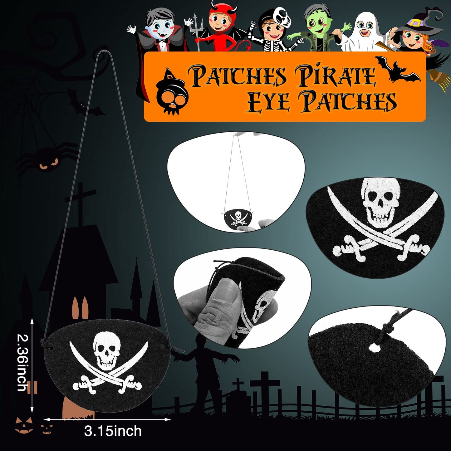 Handepo 100 Pcs Pirate Eye Patches Felt One Eye Skull Captain Patches Halloween Christmas Black Cross Knife Mask Cloth Costume for Adults Pirate Theme Party Supplies Birthday Accessories