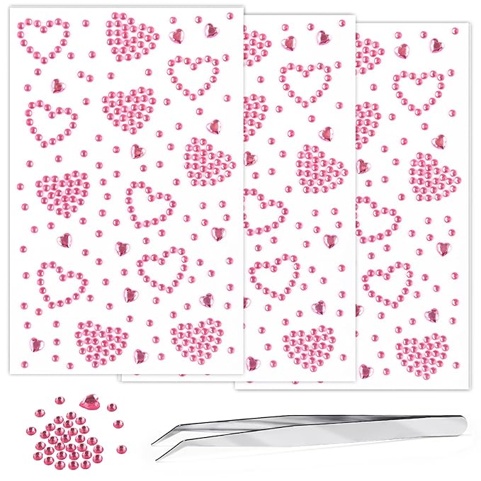 3 Sheets Rhinestone Sticker Self Adhesive Face Gems Jewels for Face Eyes Makeup Hair Body Stick on Rhinestones Stickers for Valentine Festival Decal Decor(Pink)