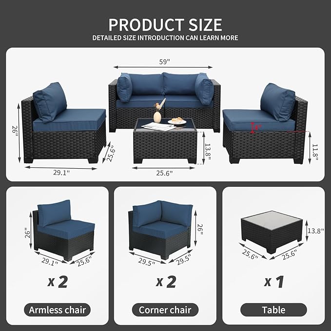 WAROOM Outdoor Patio PE Wicker 5 Piece Furniture Set, Black Rattan Sectional Conversation Sofa Chair with Coffee Table, Navy Blue Cushion