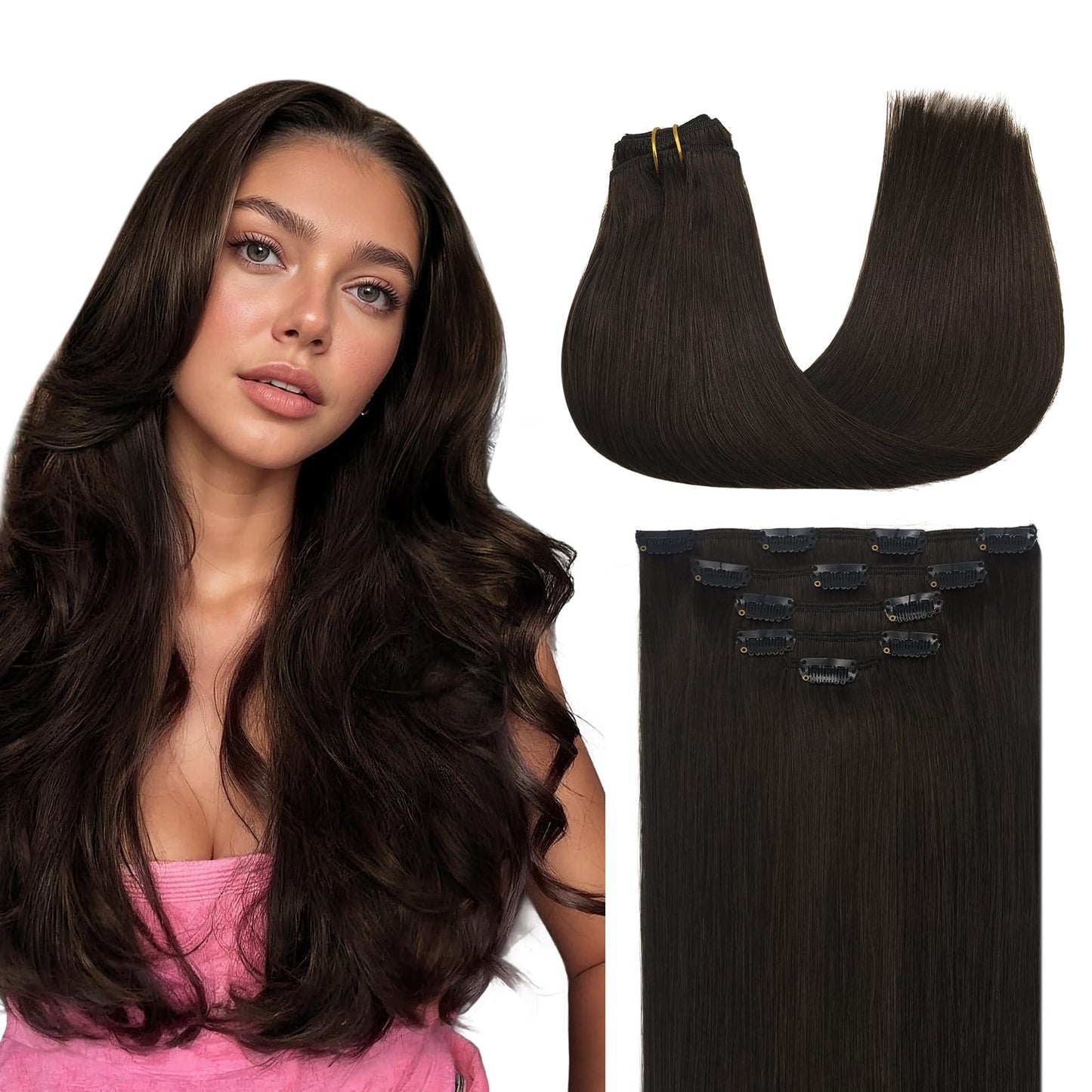 MAXITA Clip in Hair Extensions Real Human Hair, 18 Inch Dark Brown 80g 5pcs Human Hair, Straight Natural Remy Clip in Hair Exten