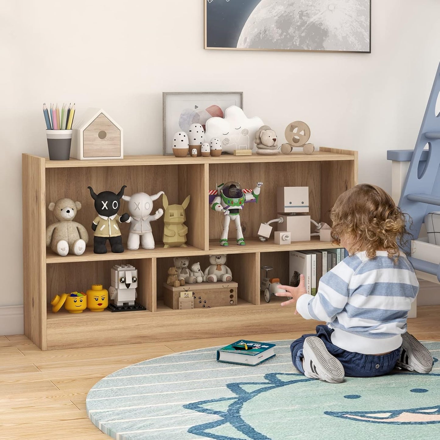 Toy Storage Organizer, 2-Tier Kids Bookshelf, 5 Cube Kids' Bookcases, Cabinets & Shelves, Wooden Toy Organizers, Small Book Shelf for Bedroom, Playroom, Classroom, Nursery (Natural)