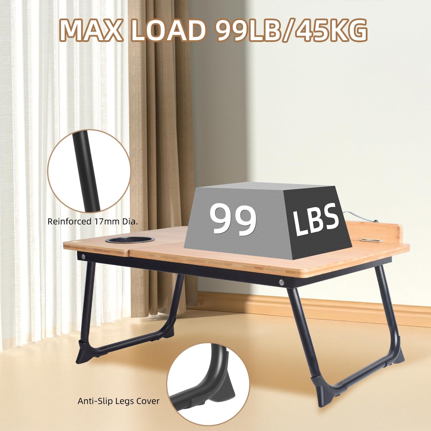 CHURRUP Laptop Lap Desk - Foldable Bamboo Lap Desk with Cup Holder & Breakfast Tray for Bed,Couch, Floor - Working, Eating & More