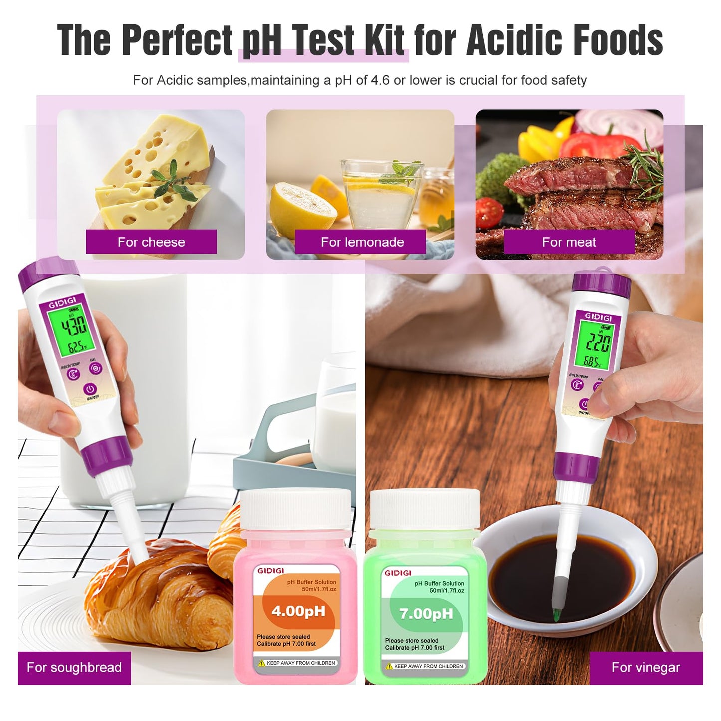 GIDIGI pH Meter Food Digital Electronic pH Tester for Fermentation 3*50ml pH Buffer Calibration Solution Kits Hot Sauce Food Tester Probe for Cheese Sourdough pH Temperature pH Test Strips for Acidity