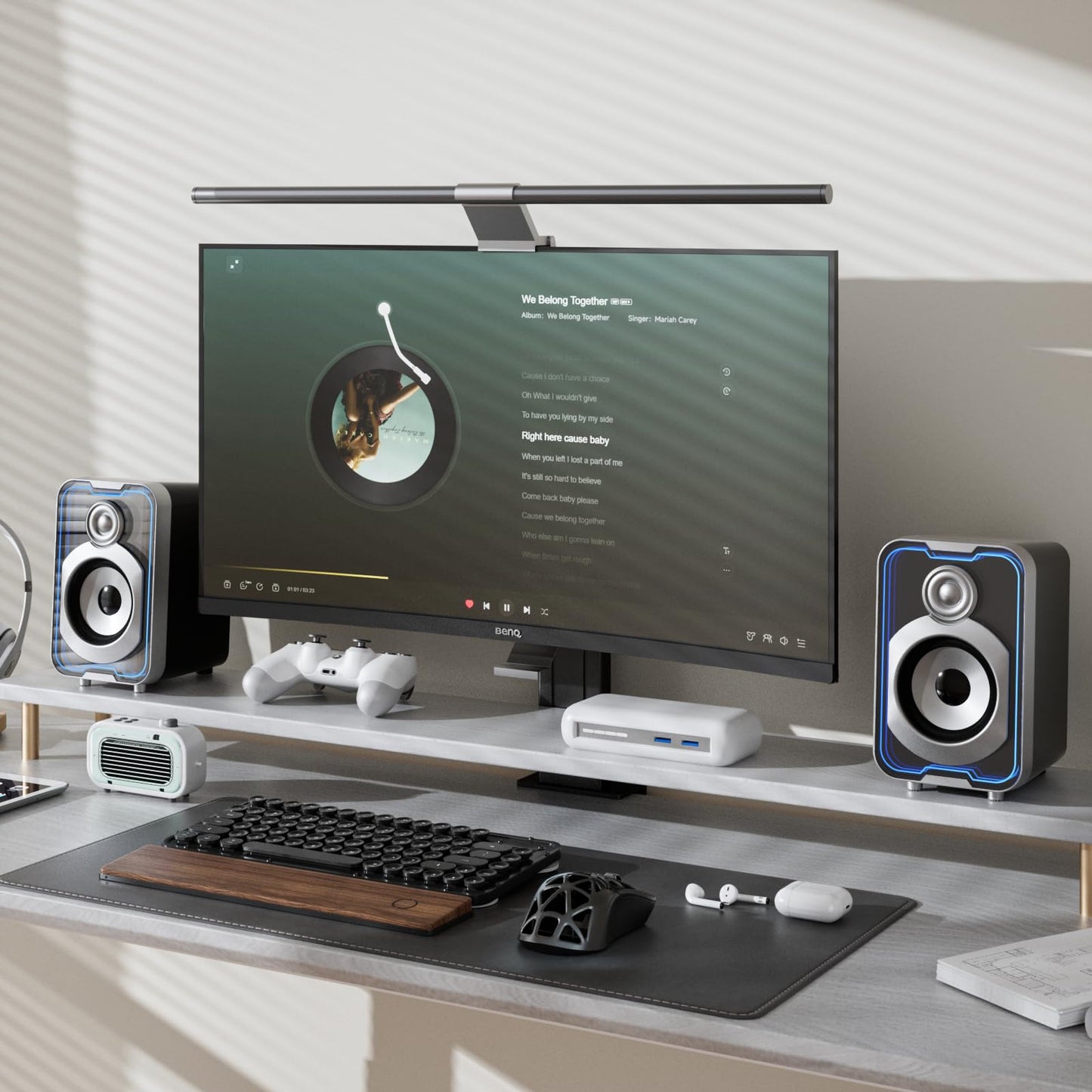 SOULION 2.0 Computer Speakers, 10W USB-Powered Bluetooth Wired PC Speakers with Easy-Control Pod for Desktop, Tiny Desk Soundbar with 5 Mirror-Like LED Light Modes for Monitor Laptop - Black