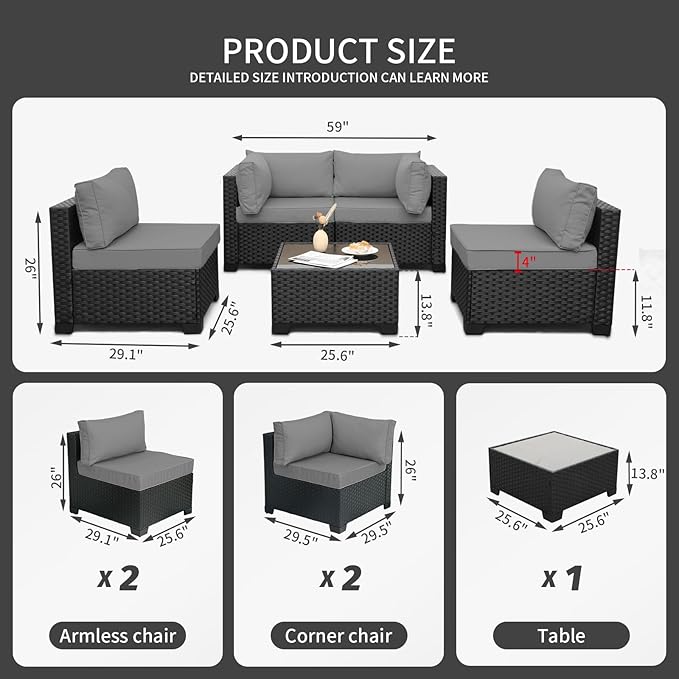 WAROOM Outdoor Patio PE Wicker 5 Piece Furniture Set, Black Rattan Sectional Conversation Sofa Chair with Coffee Table, Grey Cushion