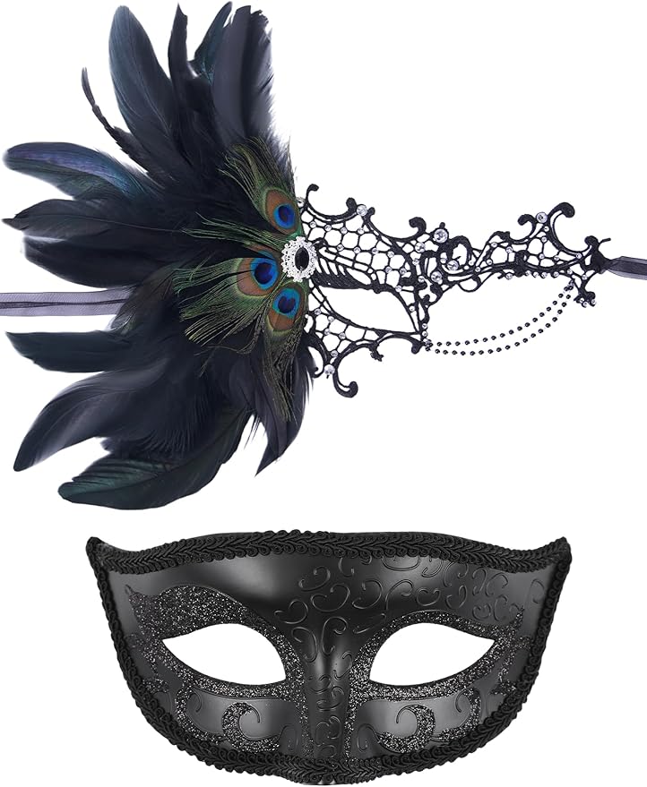 Zinniday Couples Masquerade Mask Set, 2 Pcs Masquerade Masks Set for Women Men Mardi Gras Ball Evening Party