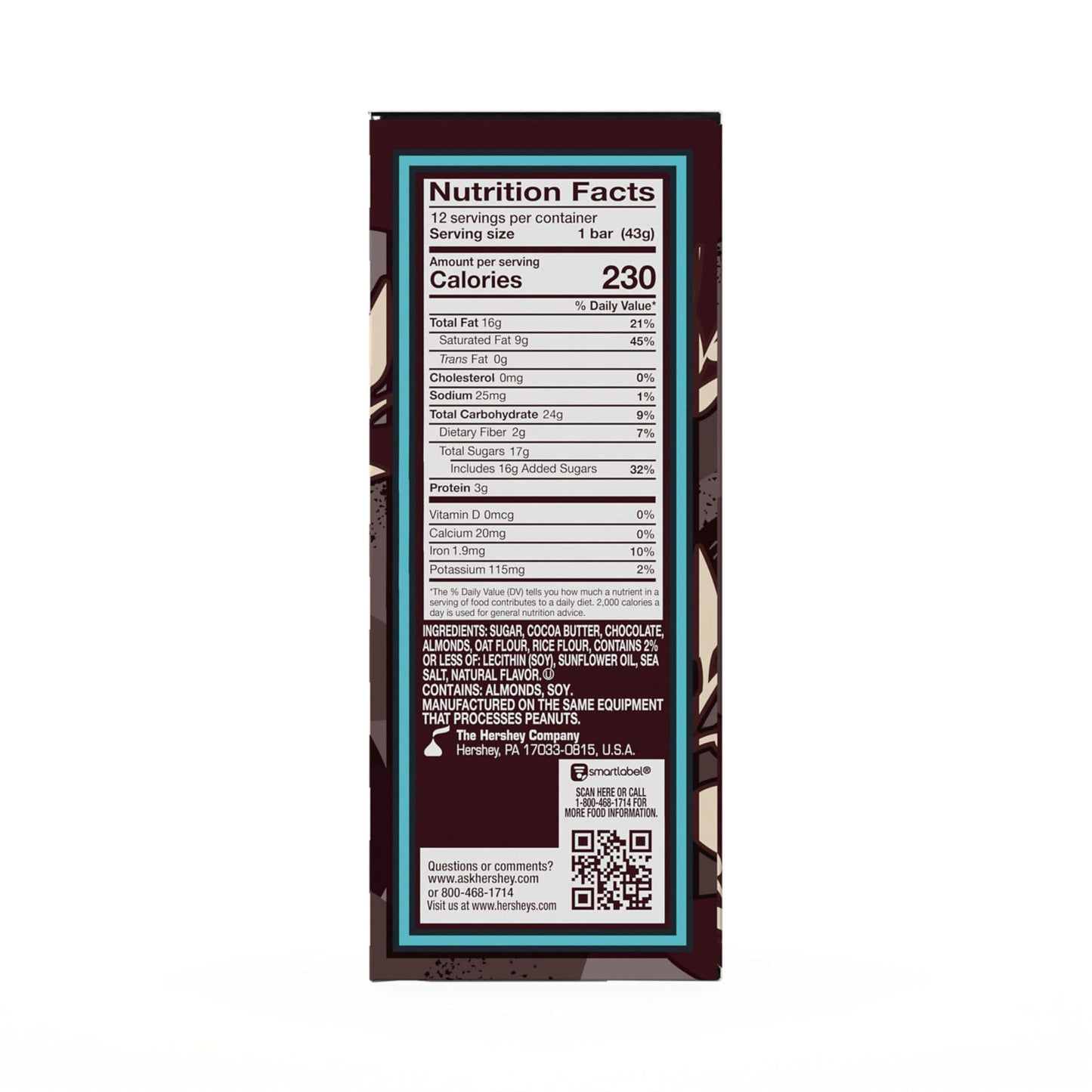 HERSHEY'S Plant Based Extra Creamy with Almond and Sea Salt Candy Bar, 1.55 oz (12 Count)