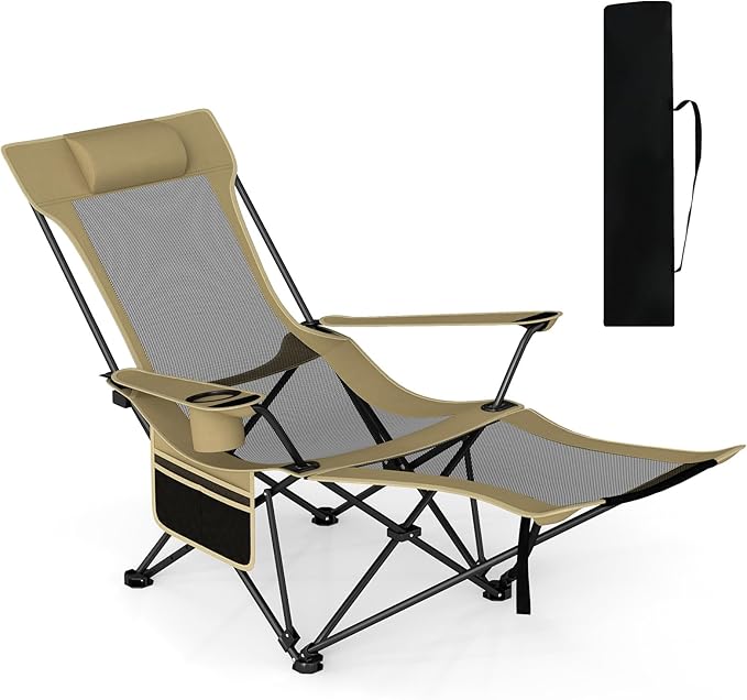 GYMAX Reclining Camping Chairs with Footrest, Lightweight Foldable Camping Chairs with Cup Holders, Adjustable Backrest, Headrest, Heavy Duty Camp Chair for Adult Outdoor Fishing Beach (Khaki,1)