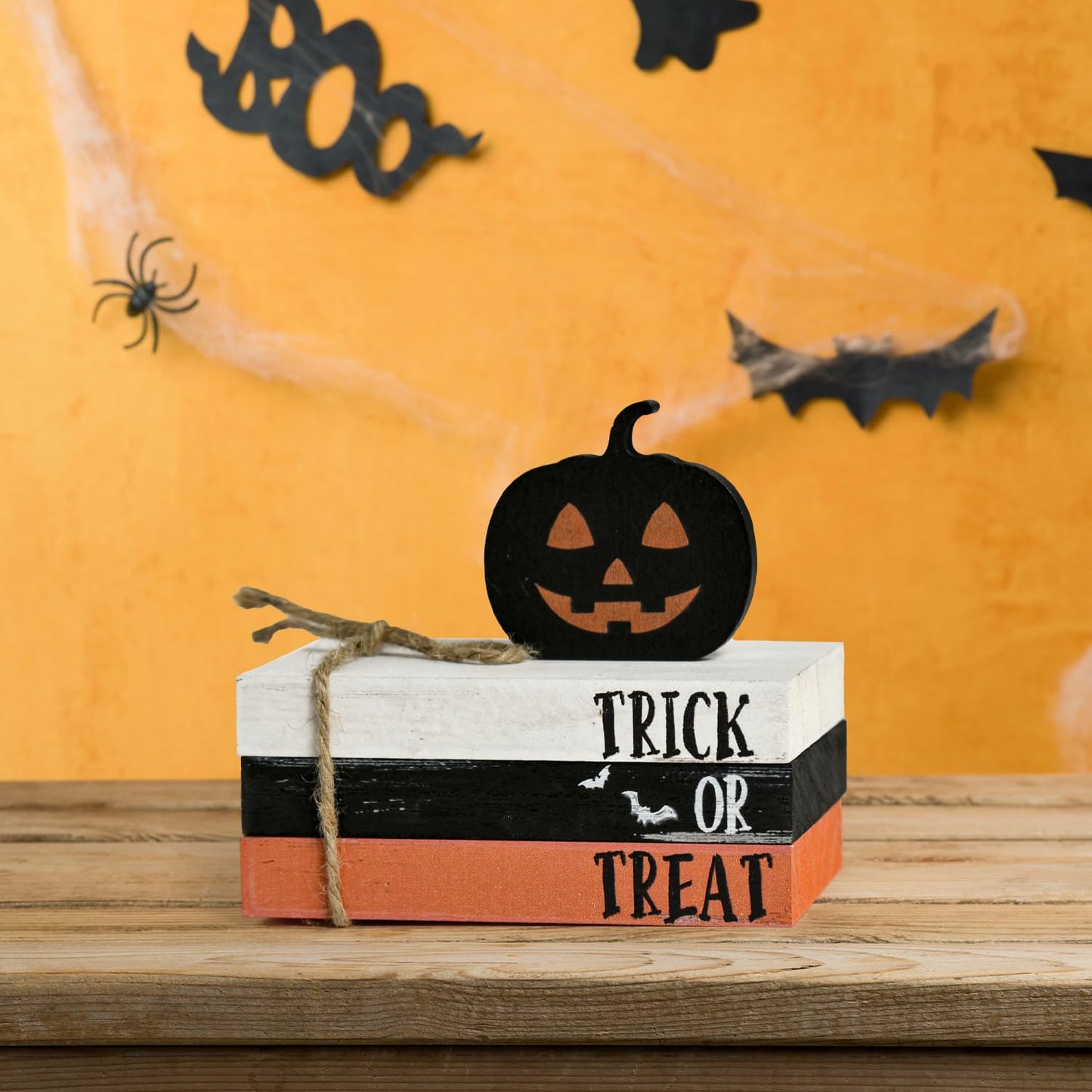 Smile Happy Halloween Wooden Stack, Pumpkin Mini Faux Books Bundle, Trick or Treat Tiered Tray Decorations, Indoor Decor for Kitchen Bathroom and Home Table Shelf