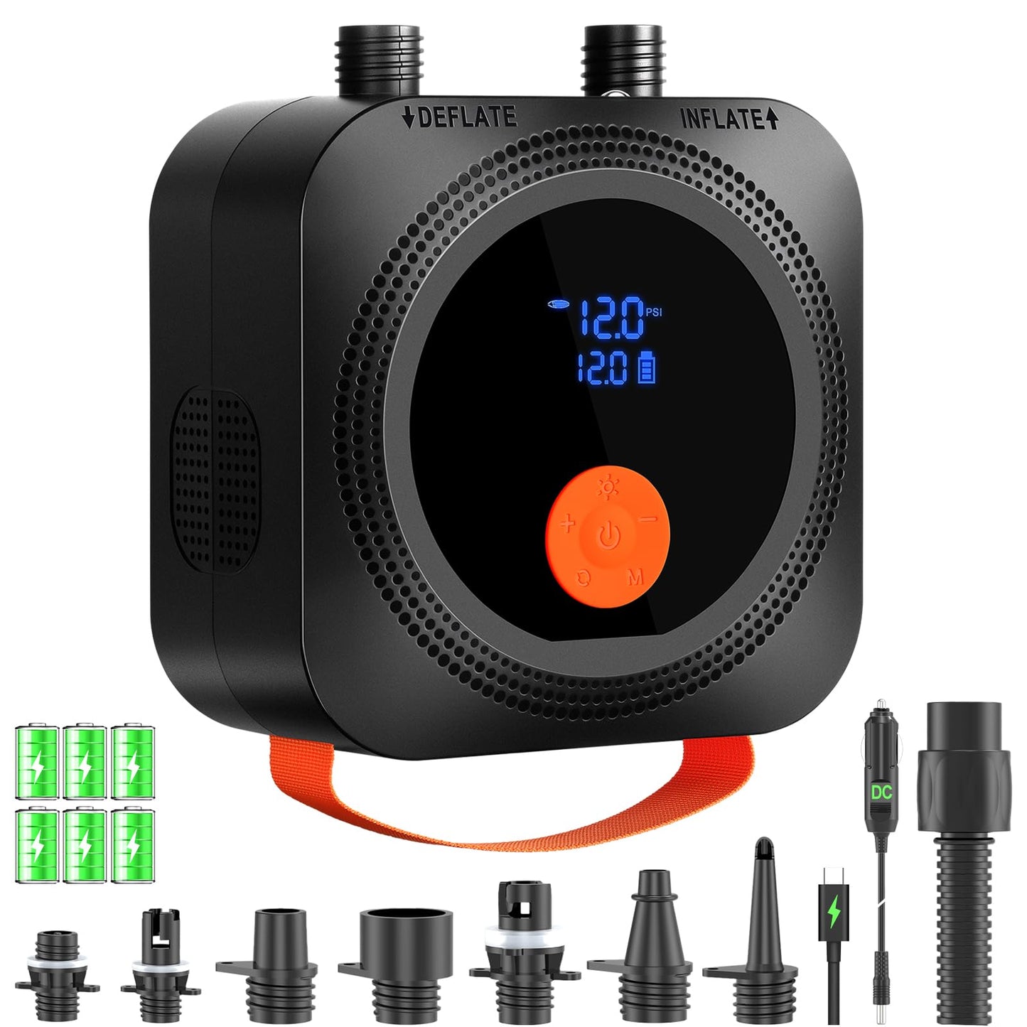 Electric Paddle Board Pump, 12000mAh Rechargeable SUP Pump 22PSI High Pressure with 12V DC Car Adapter, Dual-Stage Inflation&Deflation, Portable Air Pump with 7 Nozzles for SUP, Inflatable Kayak, Boat