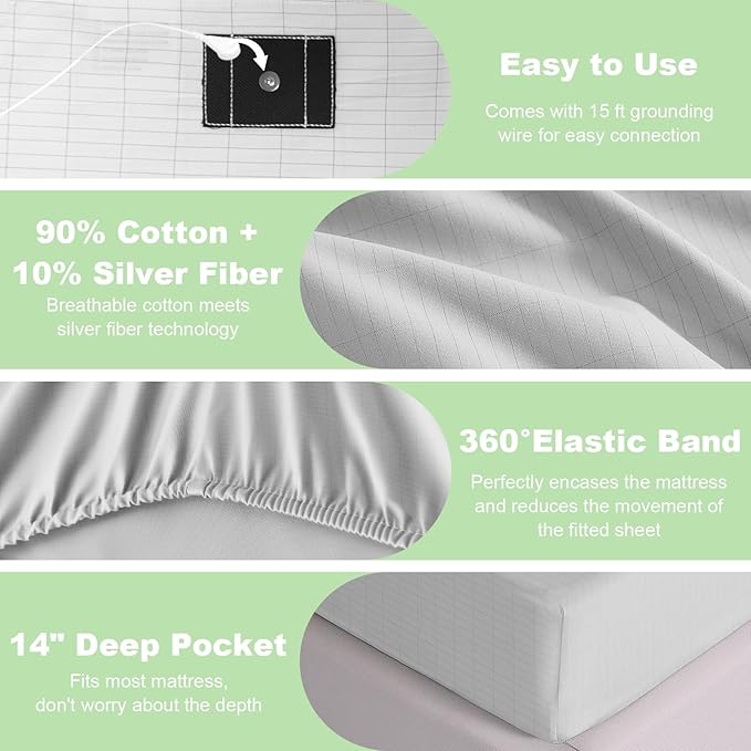 CHALTOUL Grounding Sheets Twin XL Premium Cotton for Healthy Sleep Therapy, Deep Pocket Grounding Fitted Sheets Includes Grounding Cord (Beige, Twin XL -39"x80"x14")