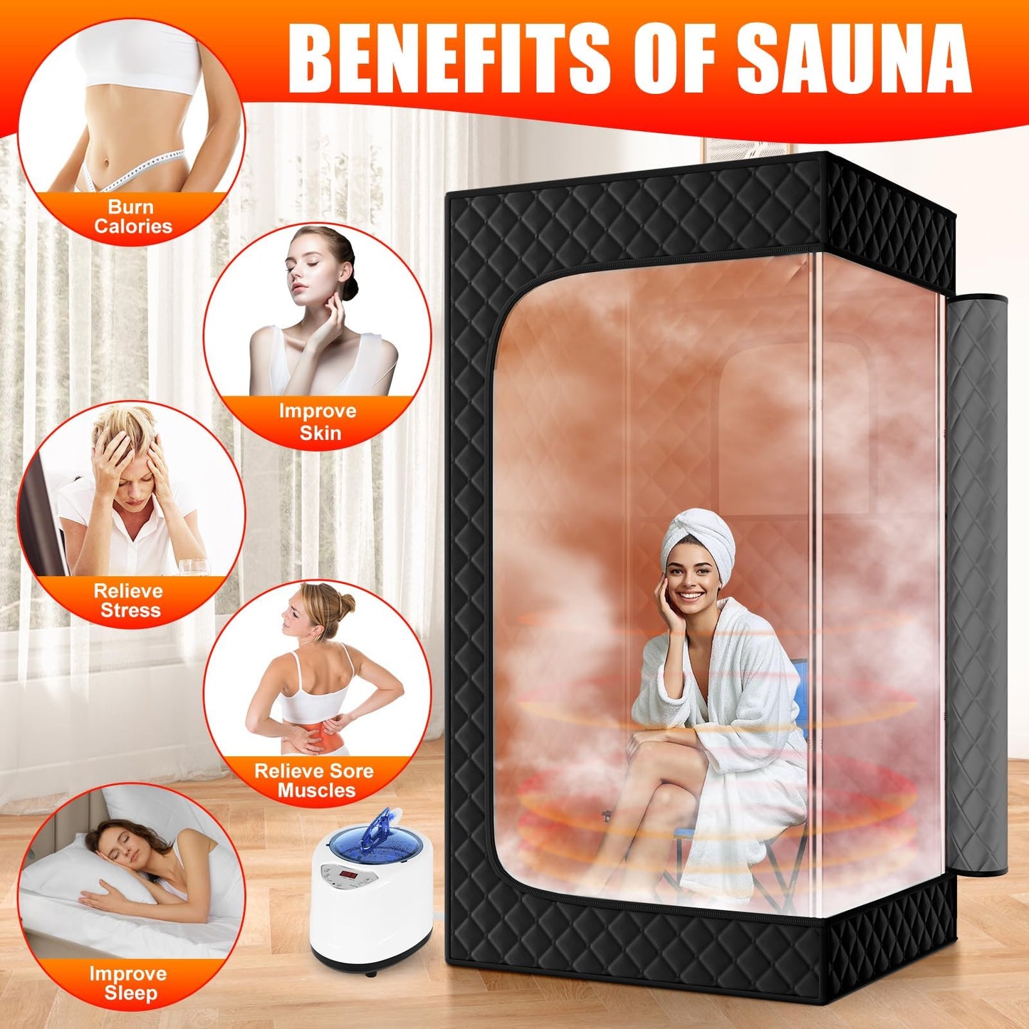 X-Vcak Upgraded Sauna Box for Relaxation, Detoxification, Portable Steam Sauna for Home with Steamer, Remote Control, Folding Chair, 9 Levels, 2.6’ x 2.6’ x 5.9’, Black