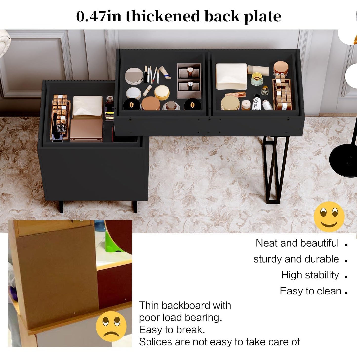 Ieejdn Black Vanity Desk with Mirror and Lights,Small Makeup Vanity with 5 Drawers, Modem Makeup Table with Adjustable Cabinet for Bedroom,Makeup Room