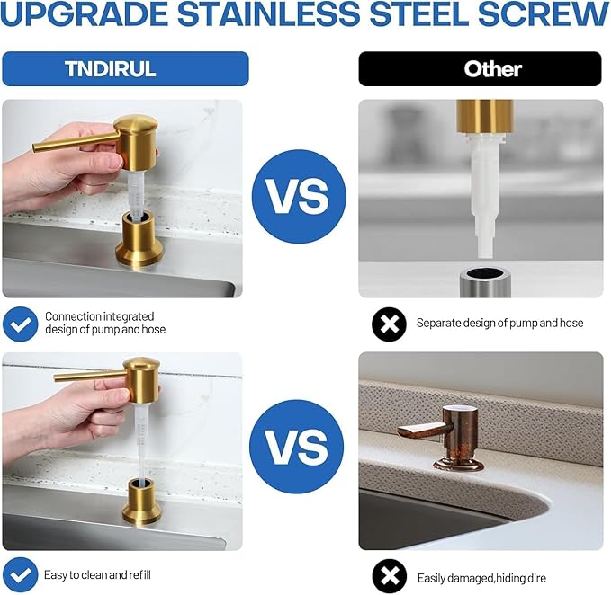 Gold Stainless Steel Soap Dispenser for Kitchen Sink, Brushed Gold Built in Pump Soap Dispensers, Sink Soap Dispenser or Lotion Dispenser Pump with Above The Sink Refillable 17OZ Large Liquid Bottle