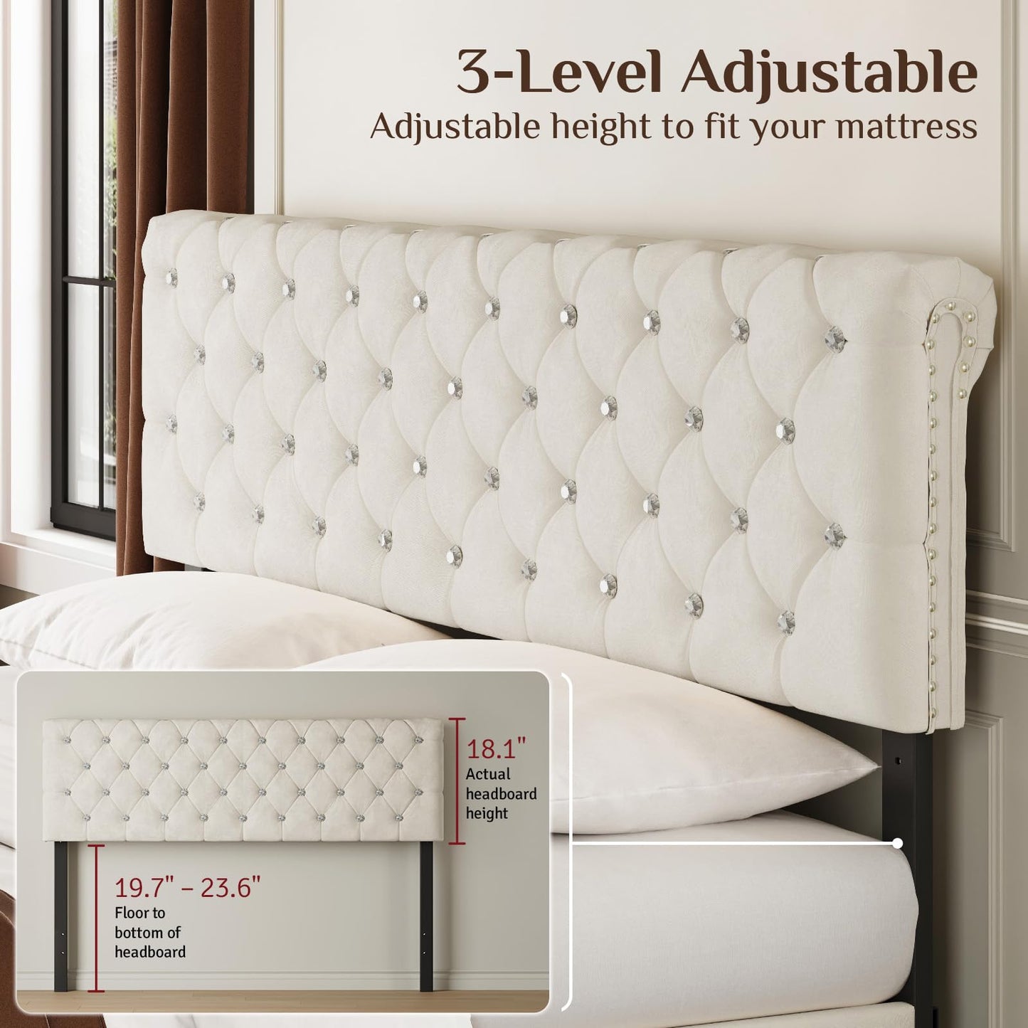 Belffin Full Size Bed Frame with 2 Storage Drawers, Upholstered Bed Frame with Adjustable Diamond Headboard, Velvet Modern Platform Bed Frame, No Box Spring Needed, Easy to Assemble, Beige