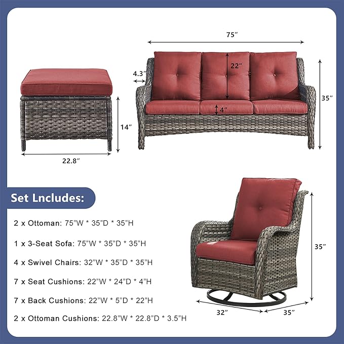 Rilyson Patio Furniture Swivel Chairs Set - 7 Piece Wicker Rattan Outdoor Sectional Conversation Sets with 4 Swivel Rocking Chairs,2 Ottomans and 1 Sofa for Porch Deck Garden(Mixed Grey/Red)