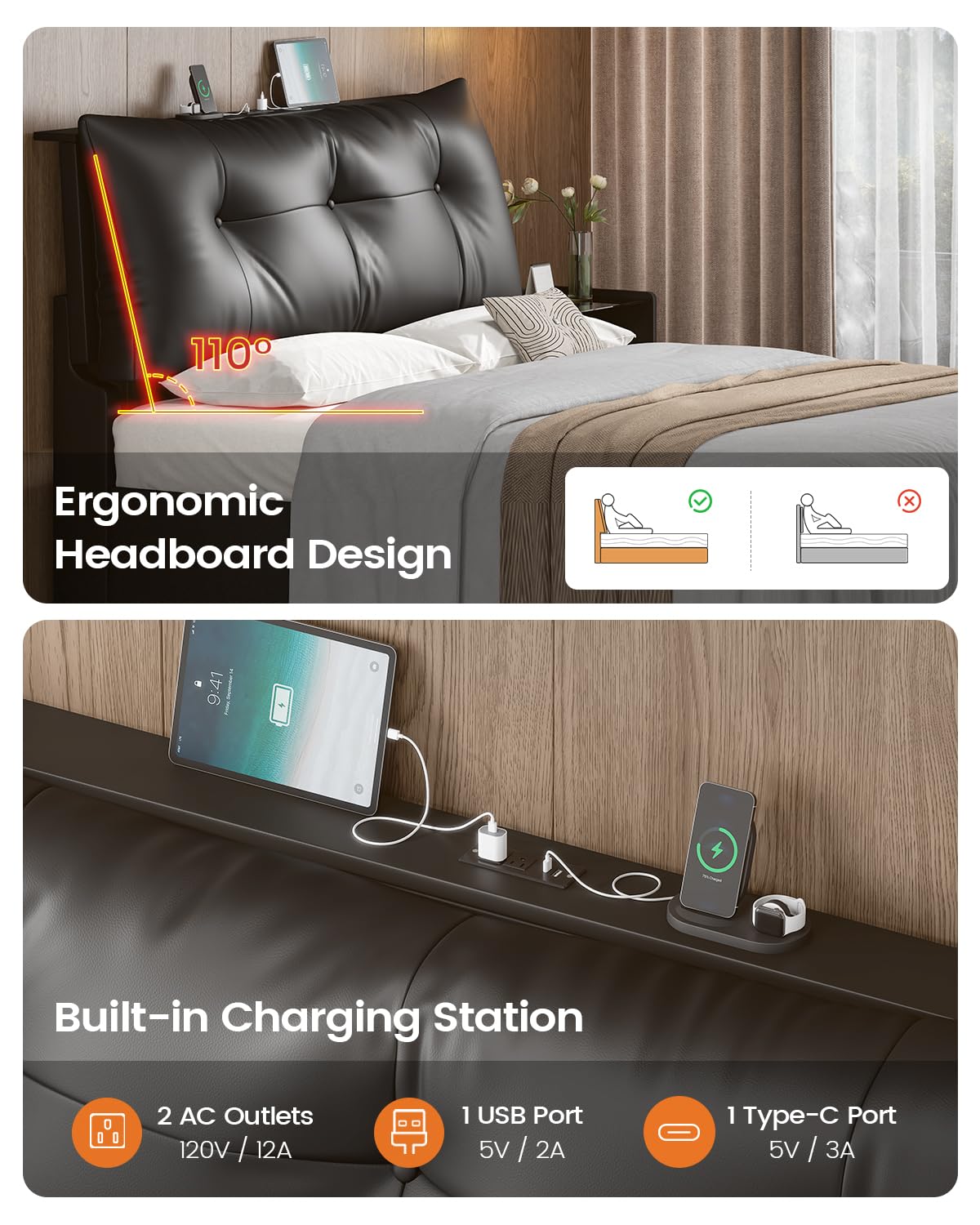 VIAGDO Full Size Bed Frame with Storage Headboard, Black Led Bed Frame Full Size with 4 Storage Drawers and Charging Station, No Spring Box Needed, Black