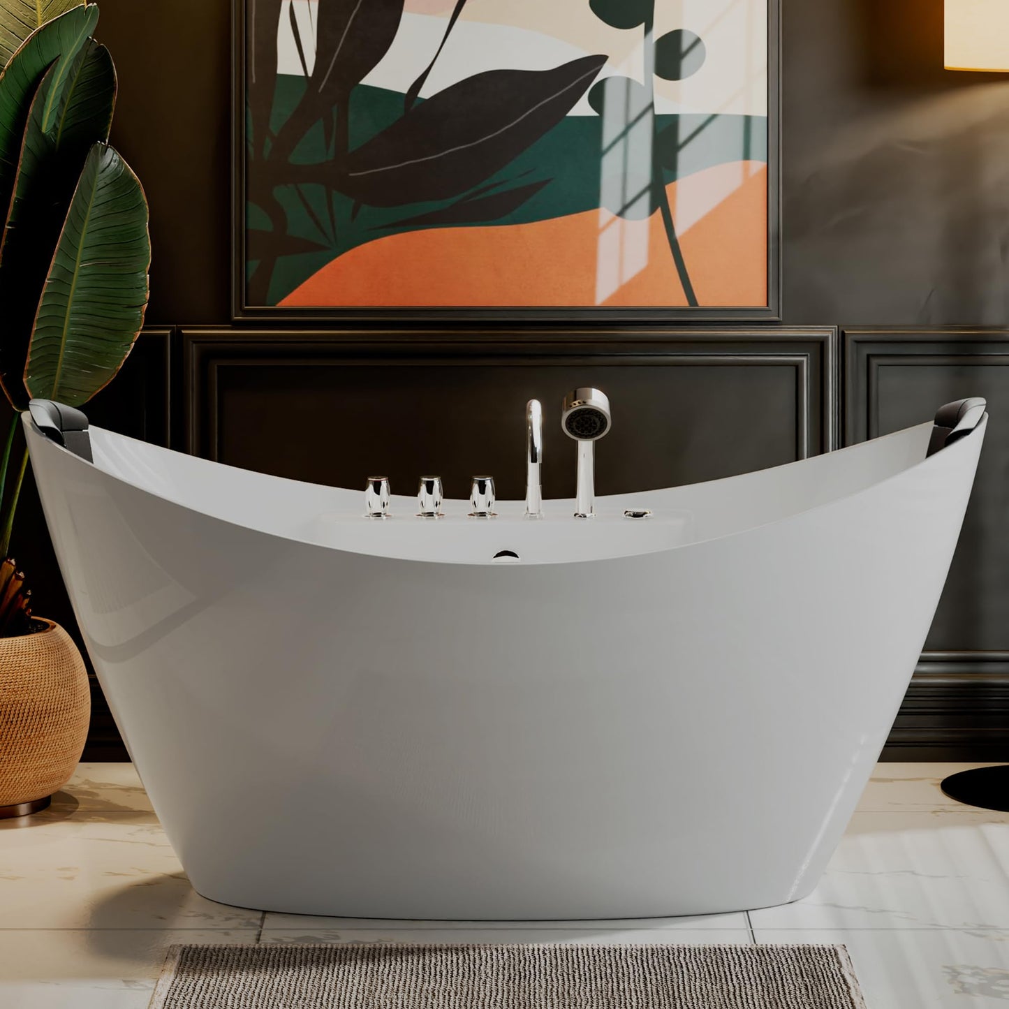 Empava 59" Freestanding Whirlpool Tub with Center Drain,Stand Alone Bathtub with 8 Hydromassage Jets, Boat-Shaped Design,Acrylic,ETL Certificated