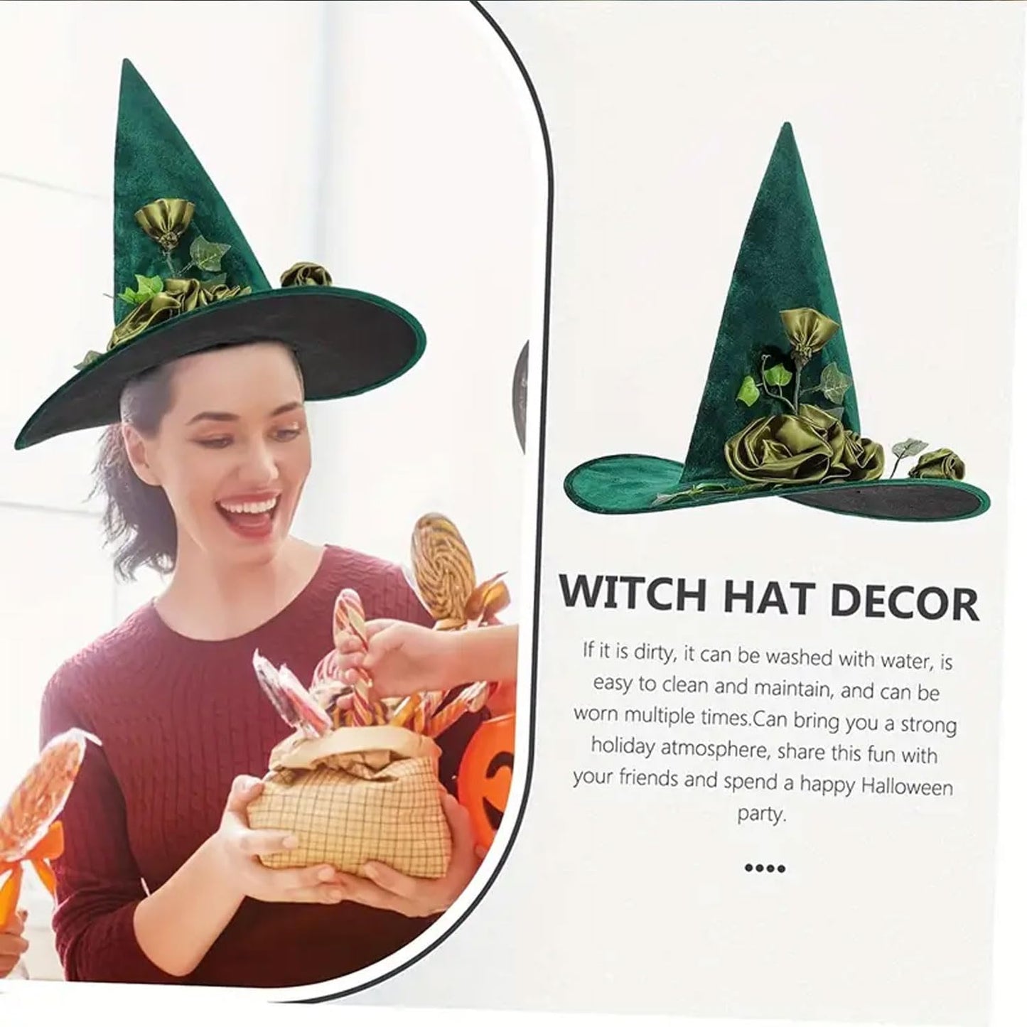 Pvoiue Witch Hat Green Detachable Witch Headband Hat Costume Accessories for Women Halloween Party Elvet Elegant Hats with Vine And Flowe Designs 16.9''x14.9'', 1Pcs