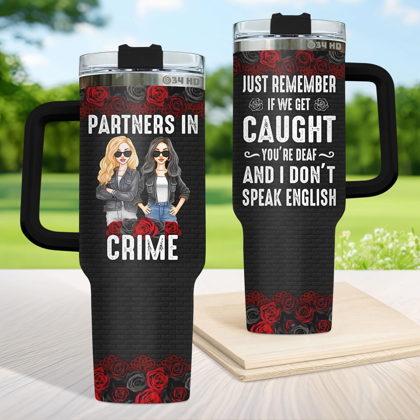 34HD Partners in Crime Tumbler with Handle and Straw, 40oz Stainless Steel Bestie Drinking Cup, BFF Coffee Mug, Best Friends Gifts for Birthday Christmas, Funny Friends Gift Ideas for Women