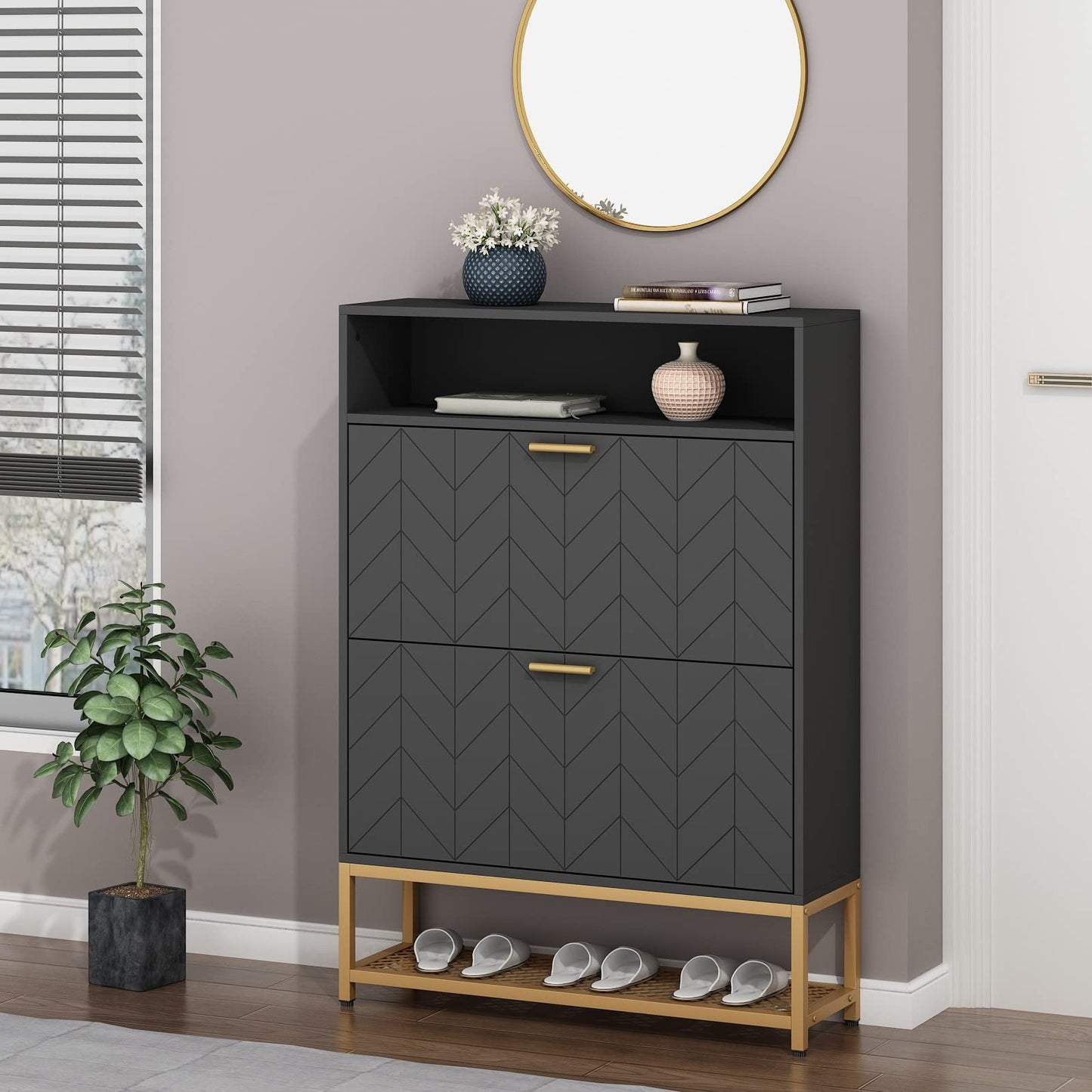 Loomie Free Standing Tipping Bucket Shoe Rack Organizer with 2 Flip Drawers, Narrow Entryway Shoe Storage with Shelf & Top Cubby, Modern Slim Hidden Cabinet with Doors (Black)