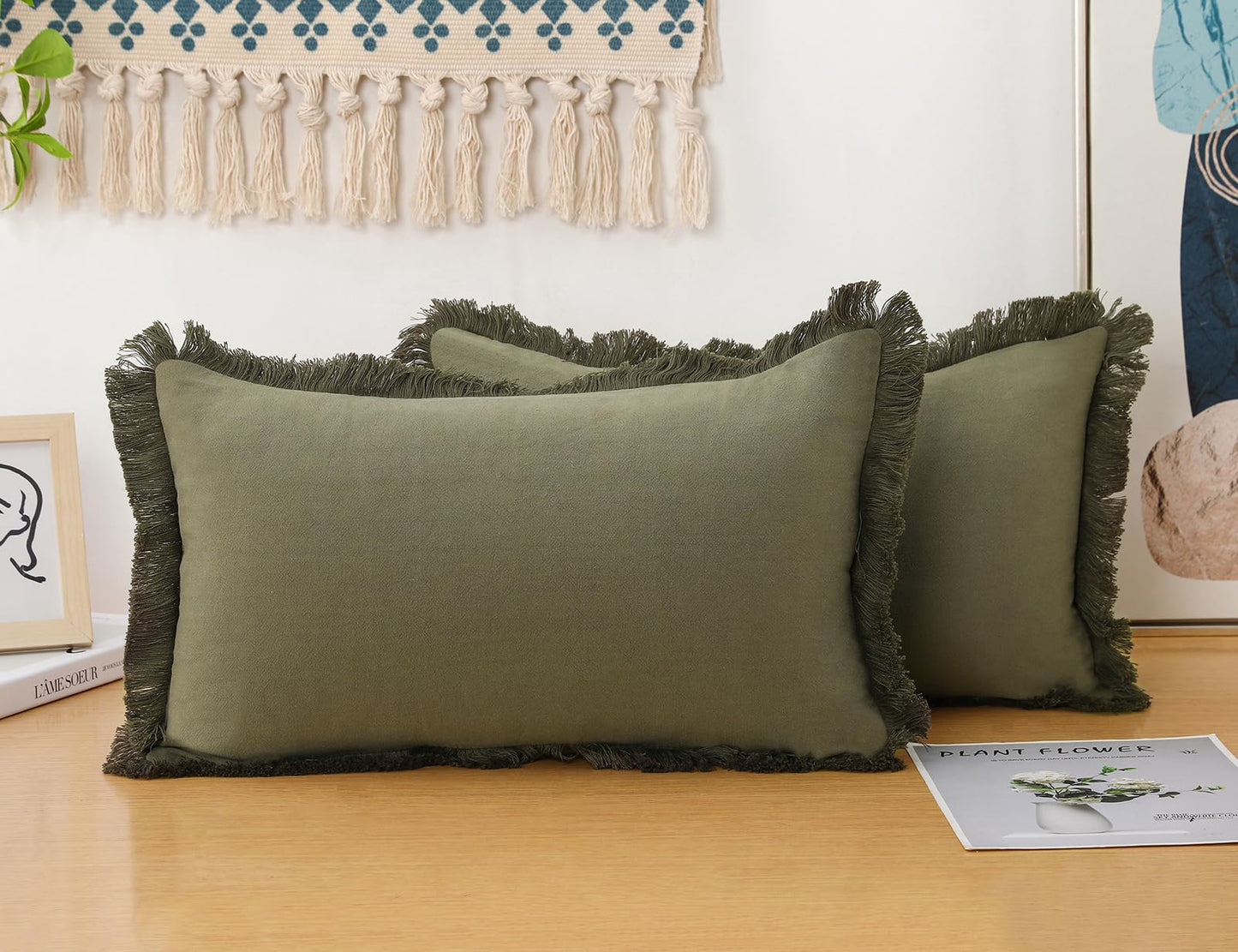 NUYECY Set of 2 Natural Linen Fringed Throw Pillow Covers,Olive Green Neutral Decorative Lumbar Pillowcase with Chic Tassel Burlap Boho Cushion Covers for Couch Sofa Farmhouse,12x20 inches