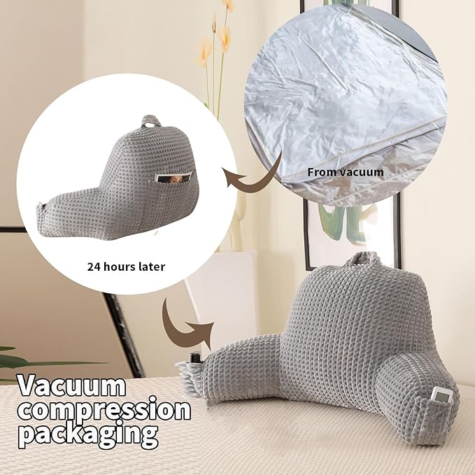 PAJEO Reading Pillow for Sitting in Bed, Large Backrest Reading Pillow with Arm Rest,Back-Rest Support Cushion for Sit Up on Couch, Sofa, and Floor, Dorm Essentials (Grey Flannel, Standard(17inch))
