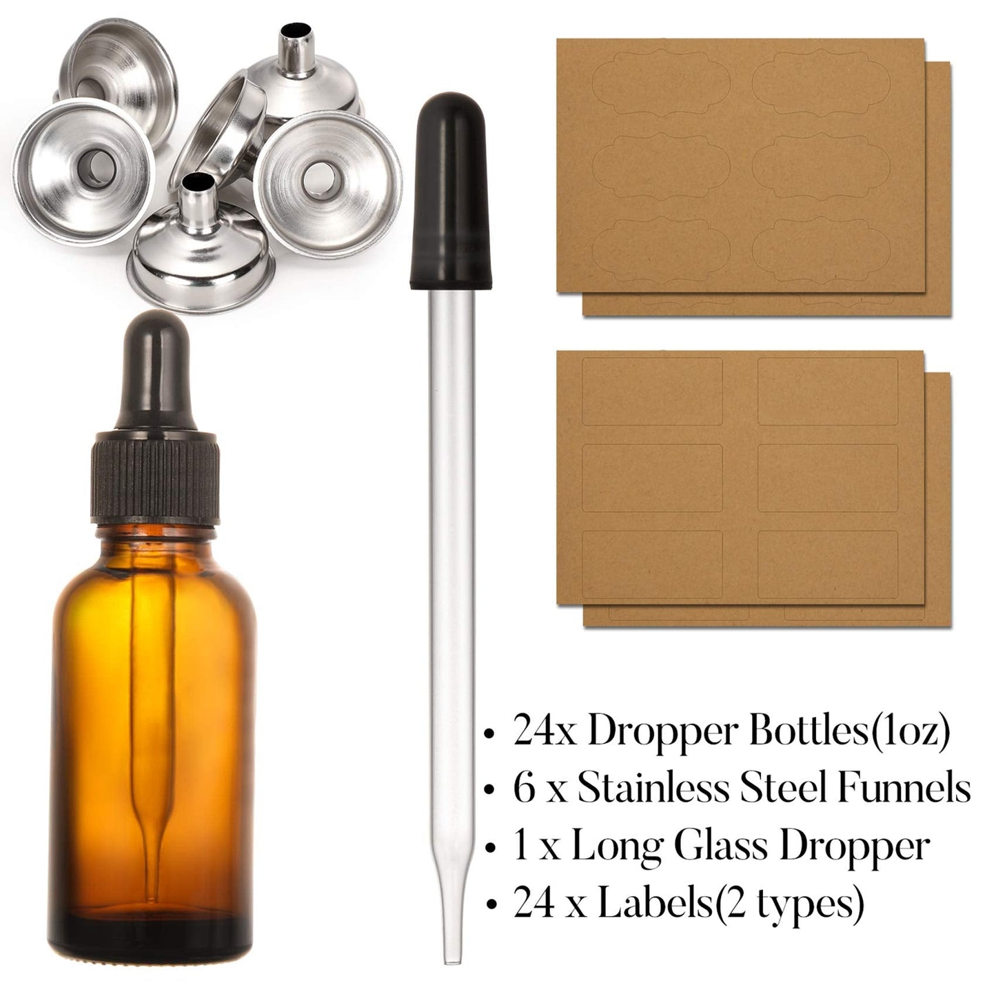 AOZITA 24 PCS, 1 oz Dropper Bottles for Essential Oils with 6 Funnels & 1 Long Glass Dropper - 30ml Amber Glass Bottle with Eye Droppers - Tincture Bottles, Leak Proof Travel Bottle for Liquids
