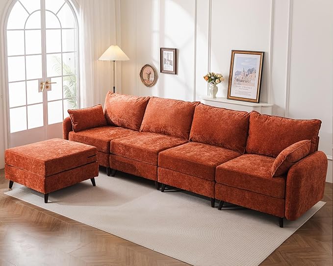 Rexulqo 135'' Modular Sectional Sofa with All Seats Storage, Oversized L Shaped Couch for Living Room,4-Seater Comfy Cloud Couches with Movable Ottoman,Big Sectional for Bedroom,Velet,Orange