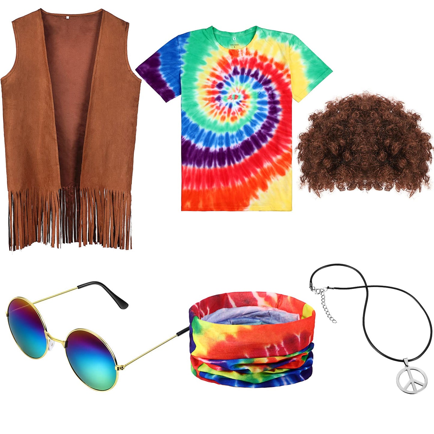 Sintuff 6 Pcs Men's Hippie Costume Set Hippie Fringe Vest Accessories for 60 70s Carnival Party Halloween Outfits(XL)