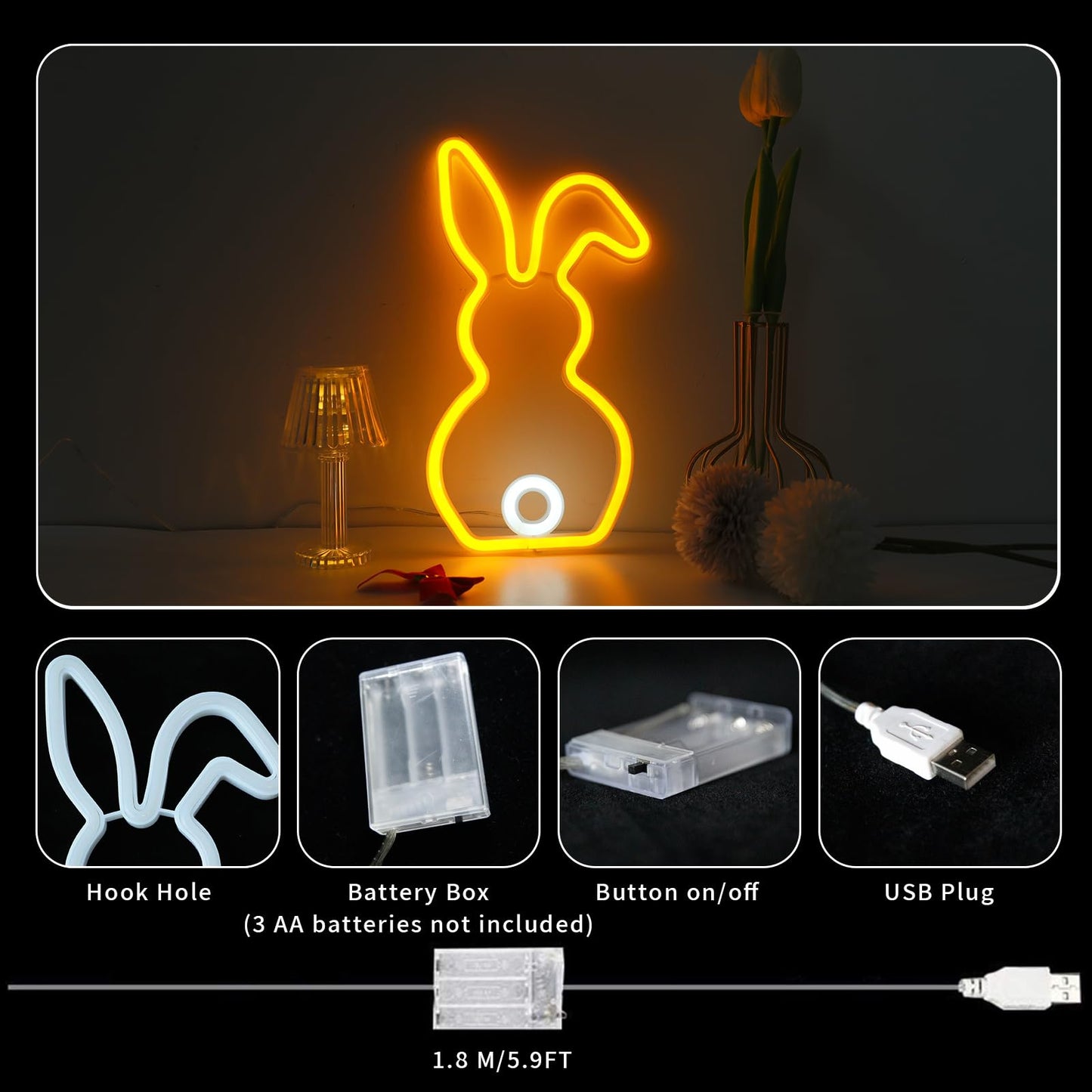 ENUOLI Novelty Rabbit Neon Sign Art Wall Lights for Business Bunny Neon Light Bar Club Bedroom USB Powered for Bedroom Children's Room Rabbit Decoration Easter Gifts For Kids Wedding Birthday Party