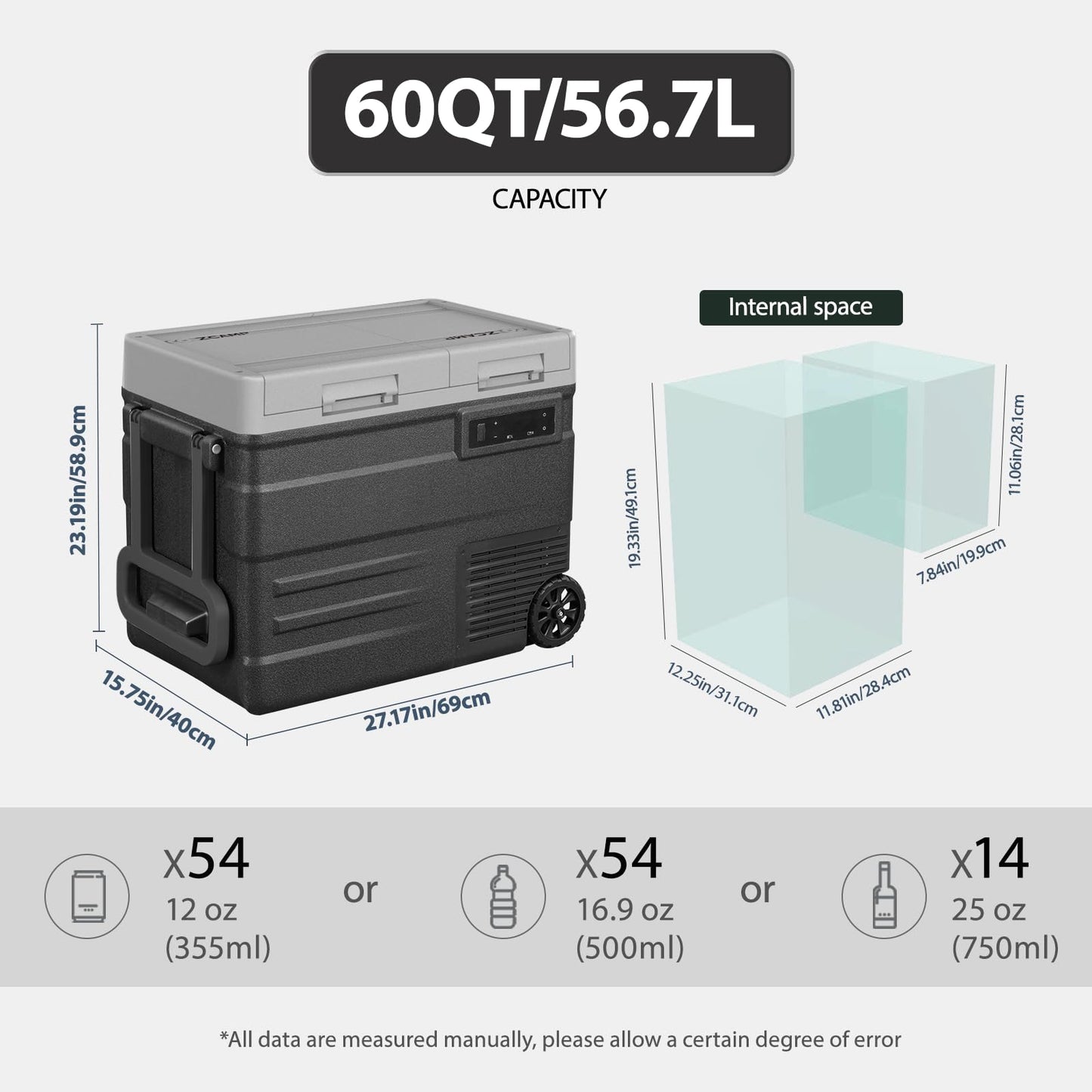 zcamp UD65 12V Car Refrigerator,Dual Zone Car Fridge with Wheels,60QT(56.7L) Electric Cooler Portable Freezer,12 Volt Refrigerator -4℉~68℉,12/24V DC 100-240V AC for Camping, Travel, Truck, RV