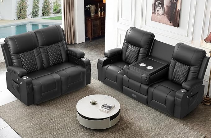 FURNIMAT Oversized Recliner Sofa Set with 2+3 Pieces in Living Room, PU Leather Loveseat Recliner Couch, 3 Seats Reclining Sofa with Flip Back Console, Storage, USB Ports, Cell Phone Holder, Black