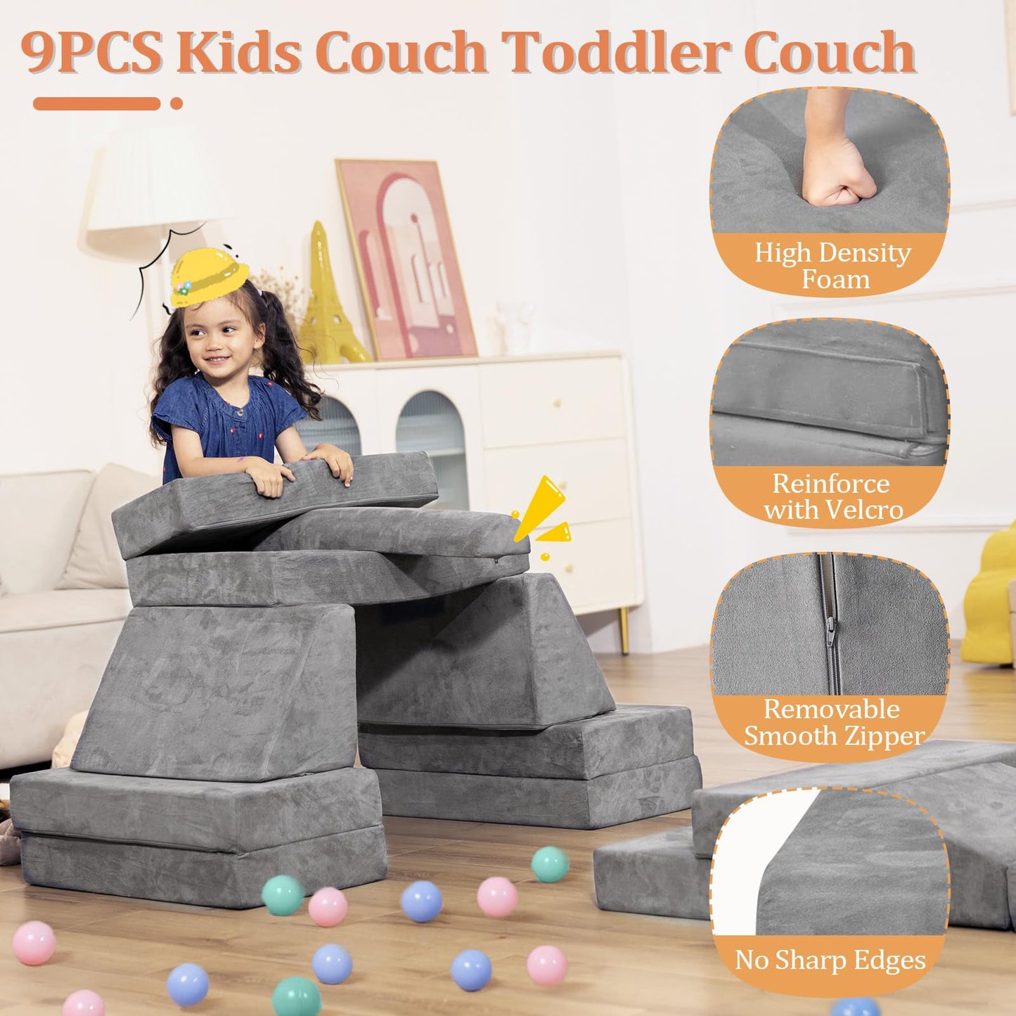 Kids Couch Toddler Sofa, Modular Kids Play Couch, Convertible Foam Climbing Sofa for Toddlers, Foam Climbing Blocks for Boys and Girls
